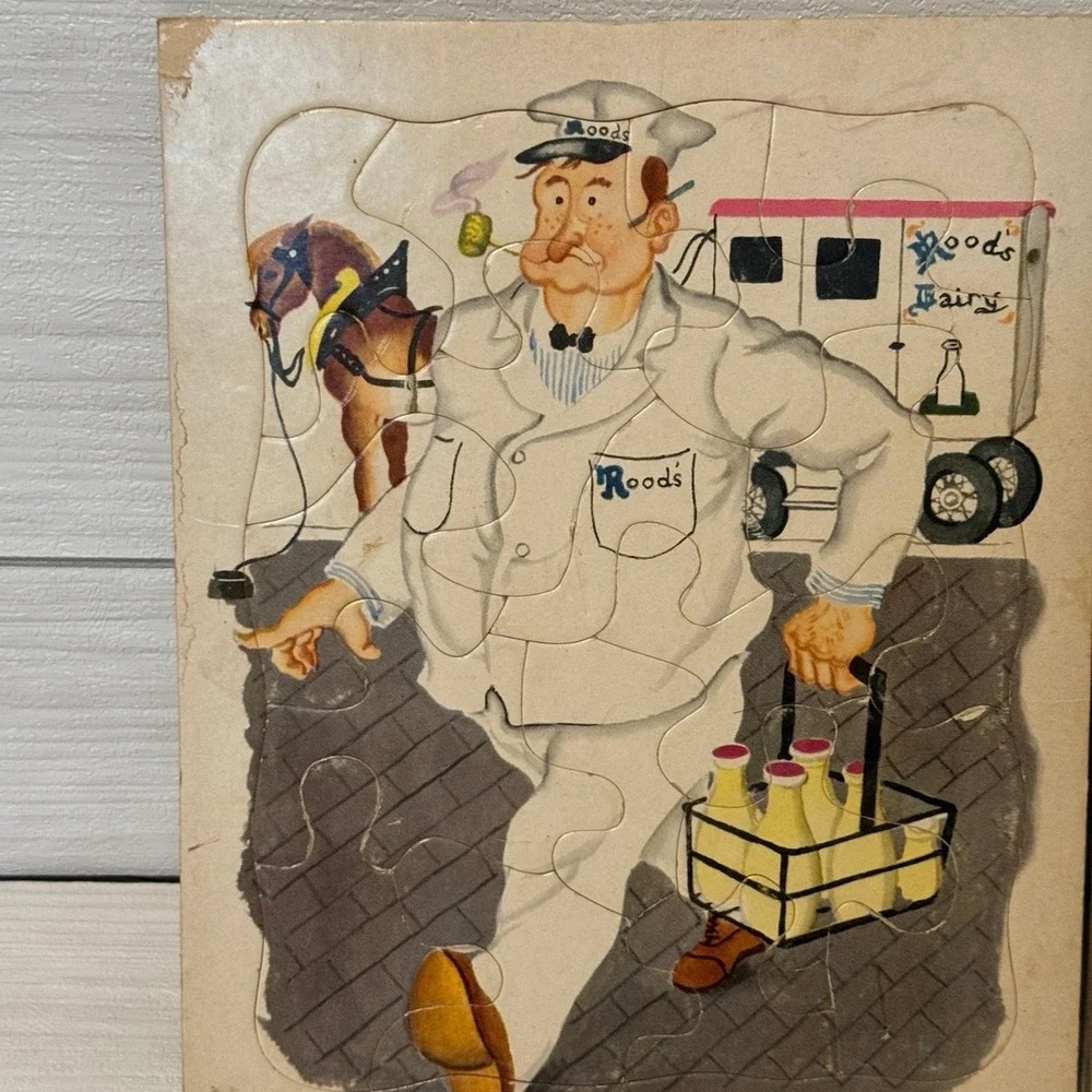 Vintage Playskool Inset Puzzles Milkman Mailman Made in USA Set of 2 MCM Folkart
